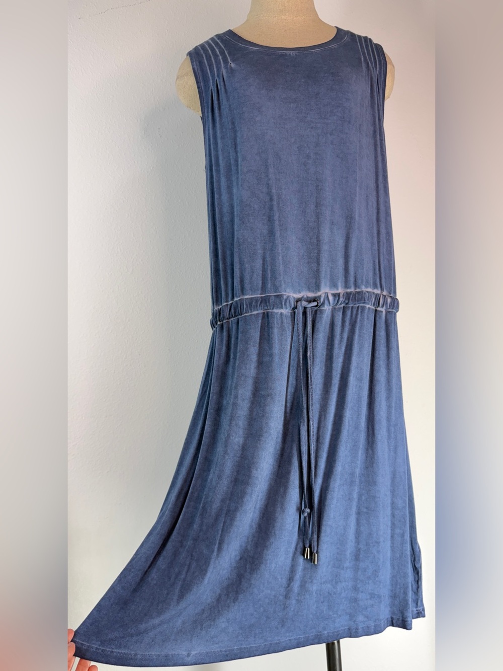 Cable & Gauge Distressed Denim Blue Midi Dress Drawstring Elastic Waist NWT Boho